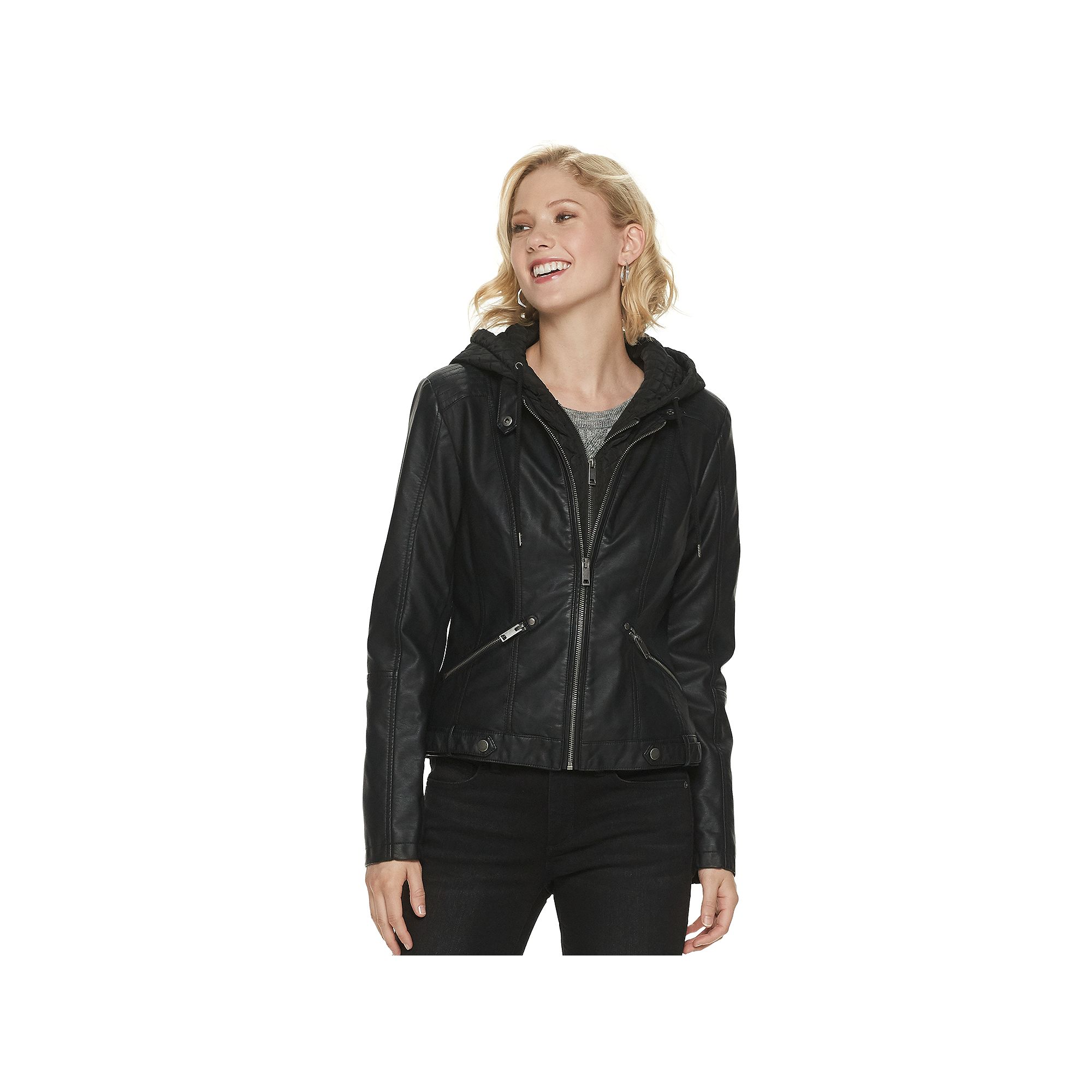 Womens Sebby Collection Hooded Faux-Leather Racing Jacket, Size: Small, Bl