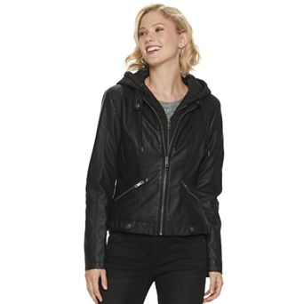 Women's Sebby Collection Hooded Faux-Leather Racing Jacket