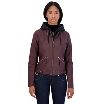 Women's Sebby Collection Hooded Faux-Leather Racing Jacket