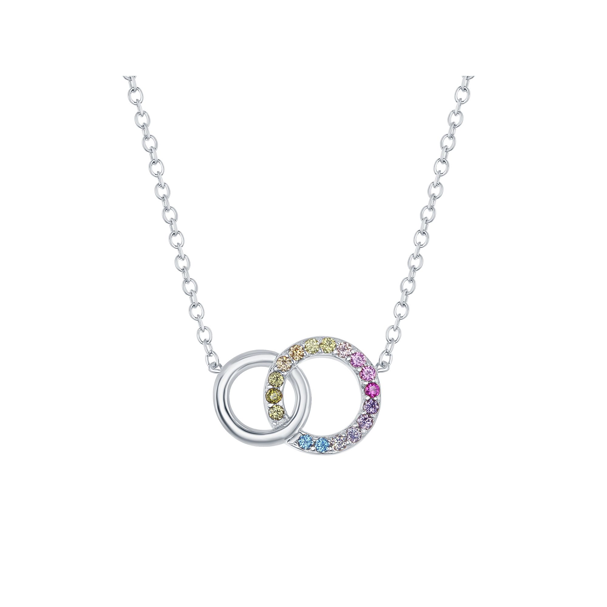 Sterling Silver Rainbow Cubic Zirconia Double Circle Necklace, Womens, Si
