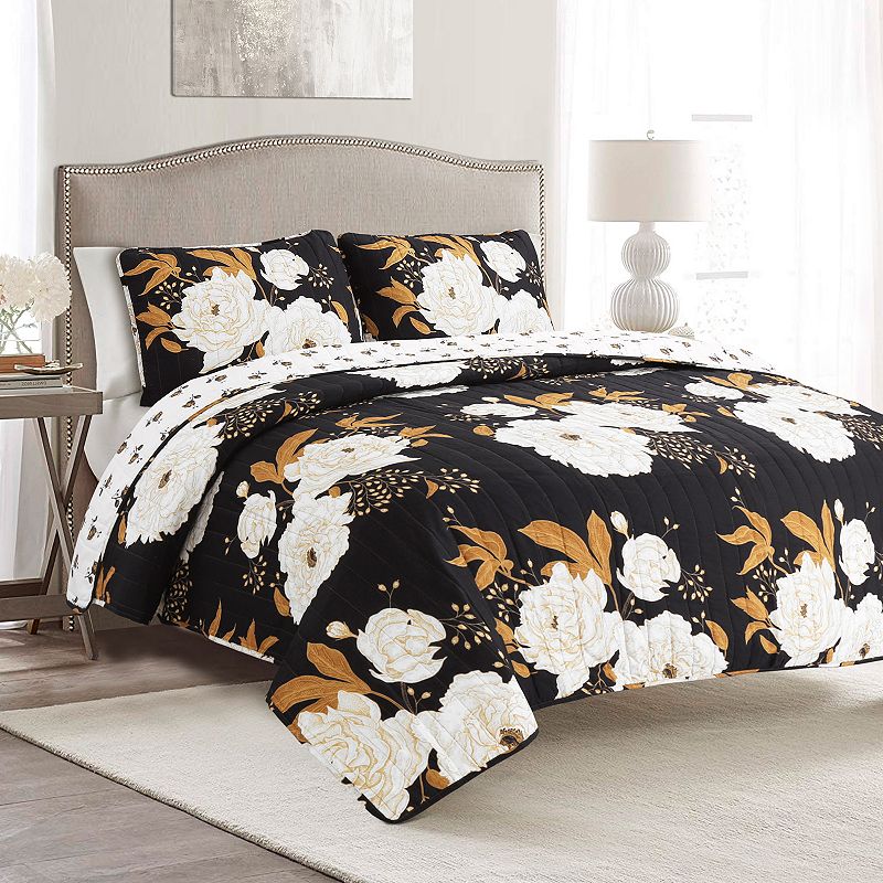 Lush Decor Zinnia Floral Quilt Set, Black, King