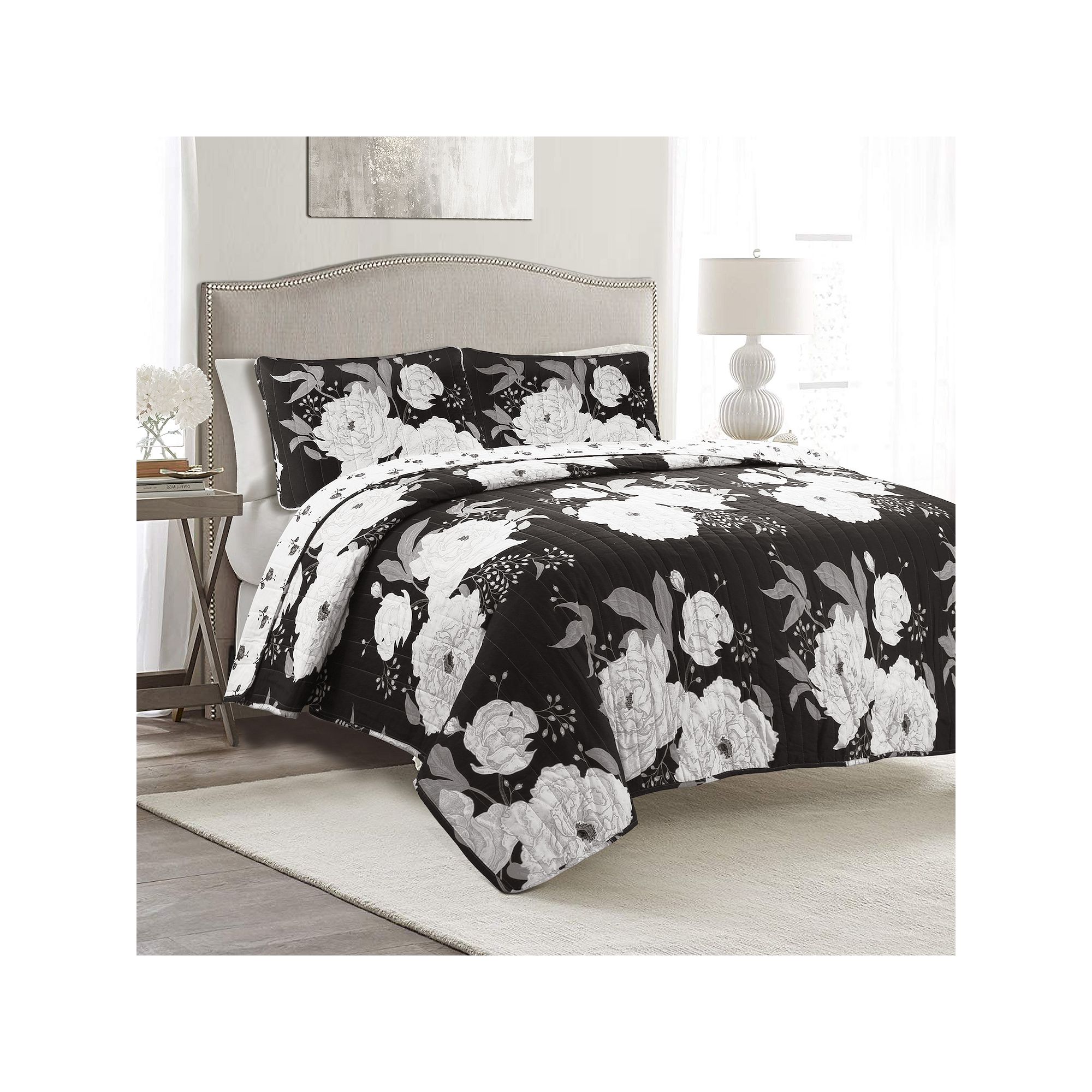 Lush Decor Zinnia Floral Quilt Set, Black Gray