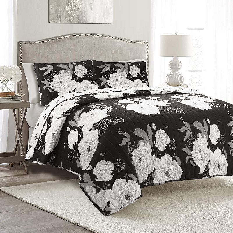 Lush Decor Zinnia Floral Quilt Set, Black, King