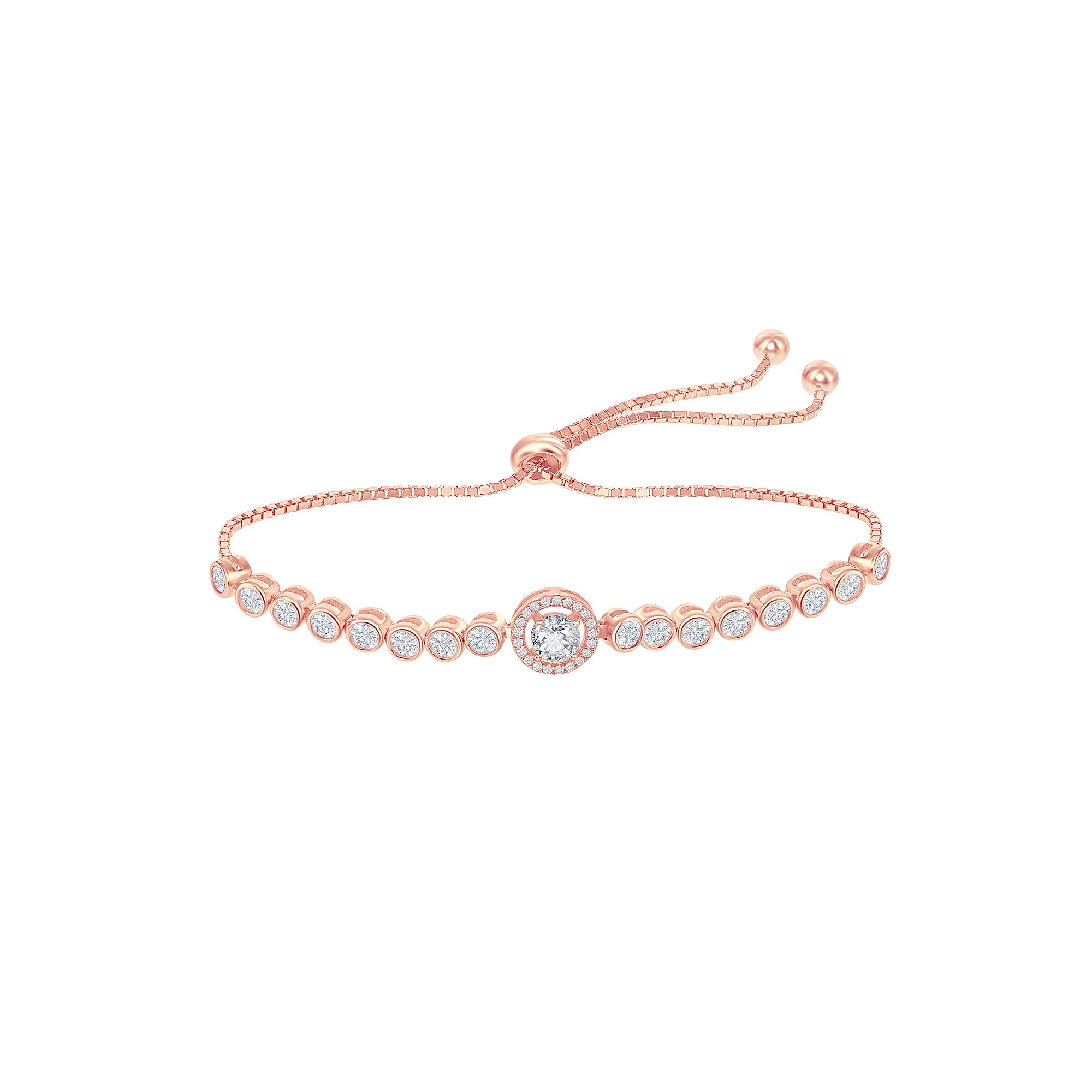 Sterling Silver Round Halo Cubic Zirconia Bolo Bracelet, Womens, Size: 8