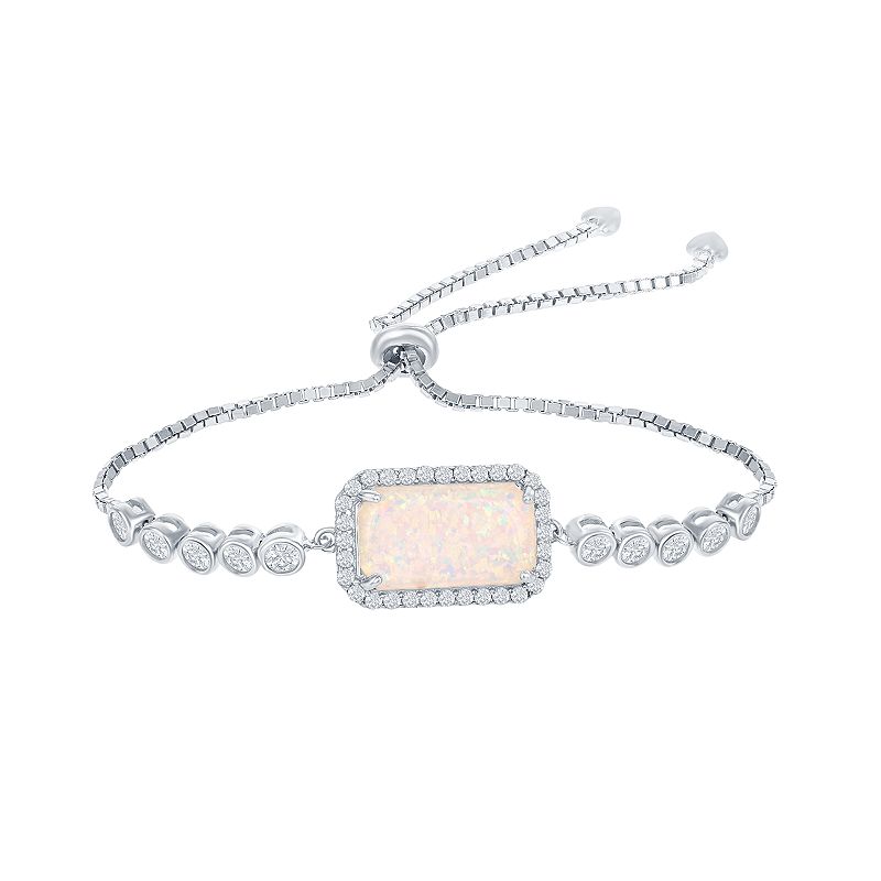 Sterling Silver White Opal Cubic Zirconia Border Bracelet, Womens, Size: 