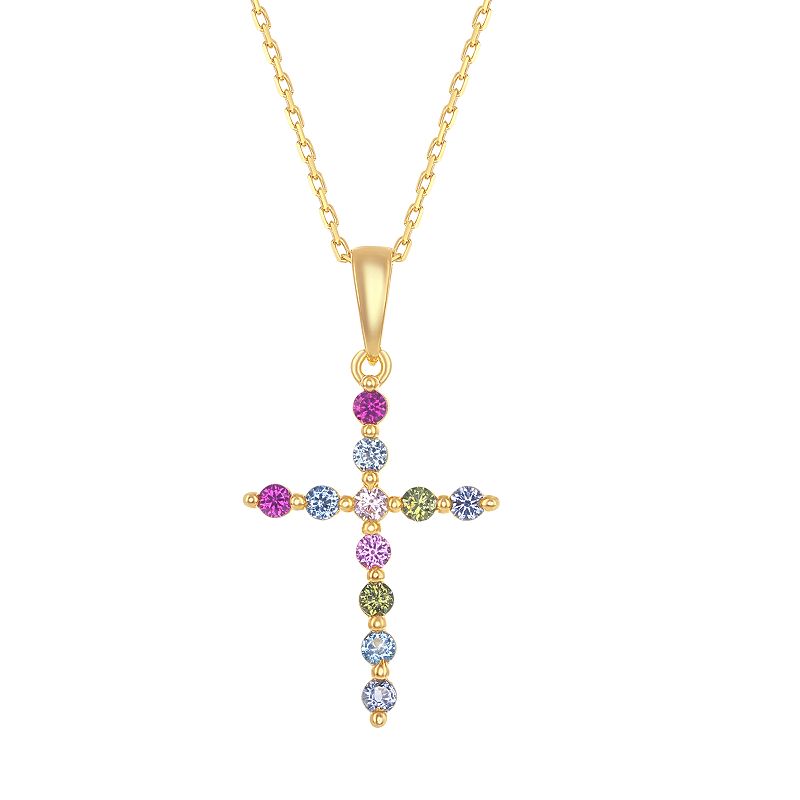 Sterling Silver Rainbow Cubic Zirconia Cross Pendant Necklace, Womens, Si