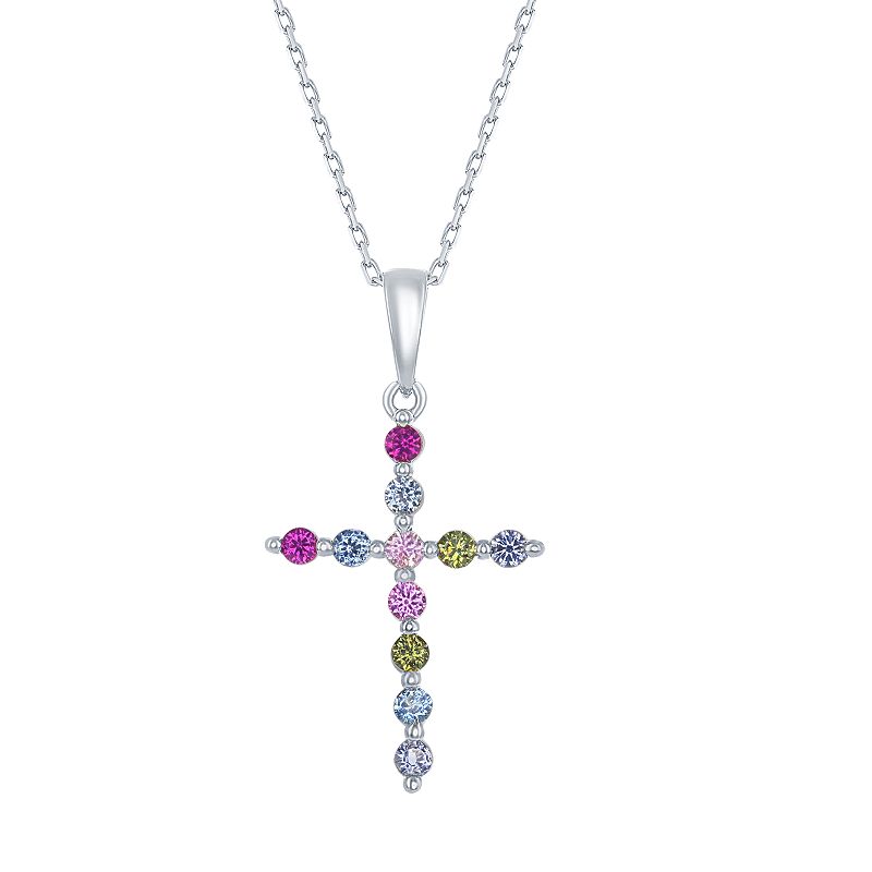 Sterling Silver Rainbow Cubic Zirconia Cross Pendant Necklace, Womens, Si