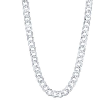 Metallo Men's Sterling Silver 7.3mm Flat Pave Cuban Chain Necklace