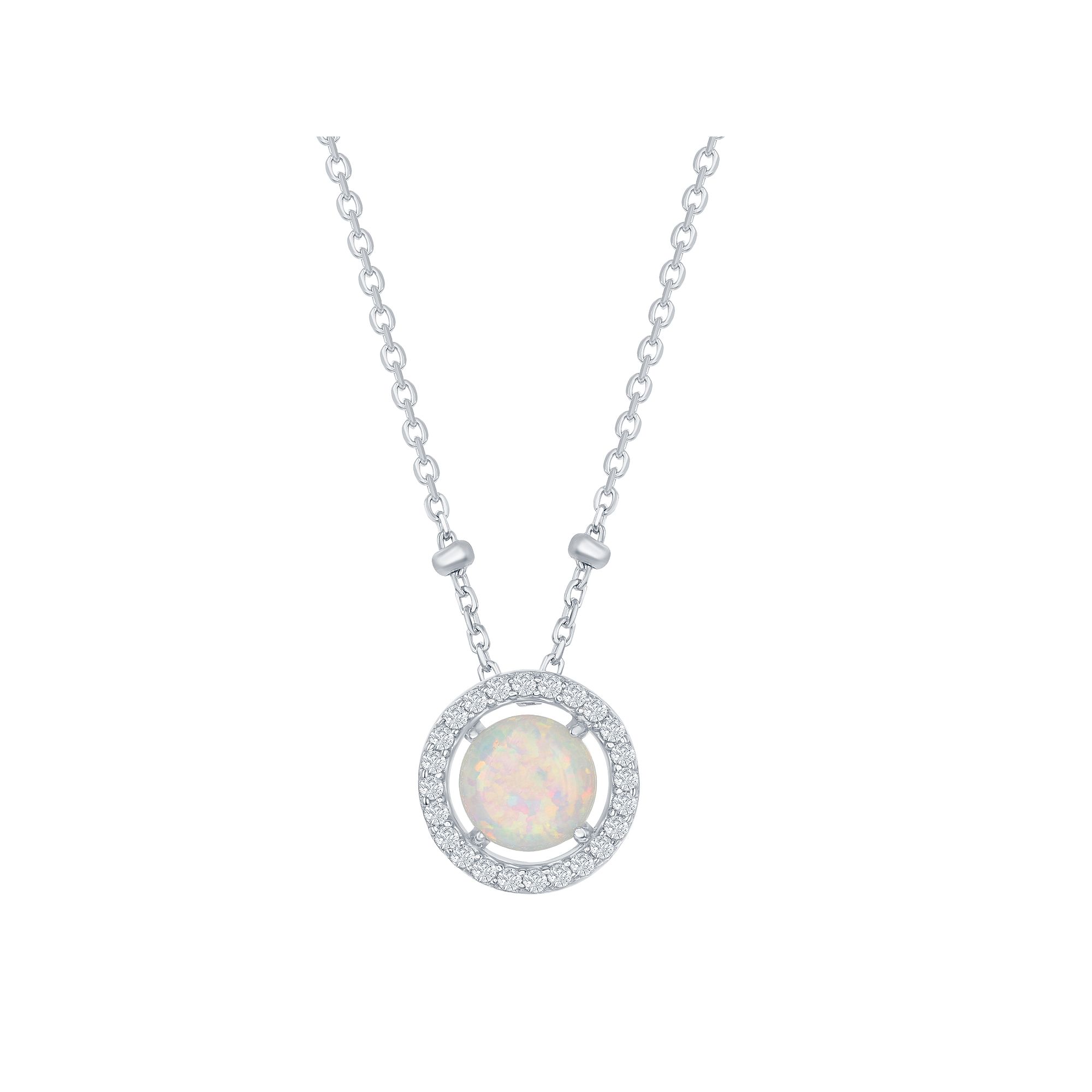 Sterling Silver Round White Opal Cubic Zirconia Halo Necklace, Womens, Si