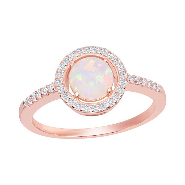 Sterling Silver Round White Opal with Cubic Zirconia Ring