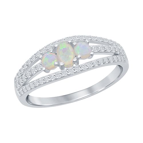 Sterling Silver Three-Stone White Opal Cubic Zirconia Band Ring