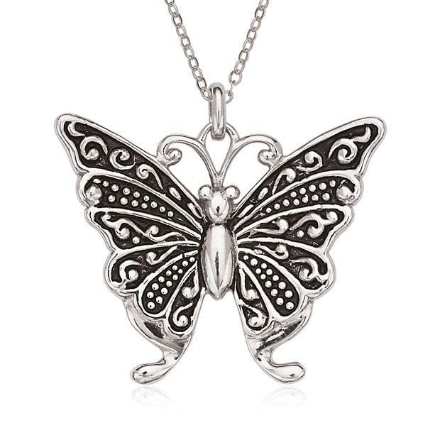 Sterling Silver Oxidized Butterfly Pendant Necklace
