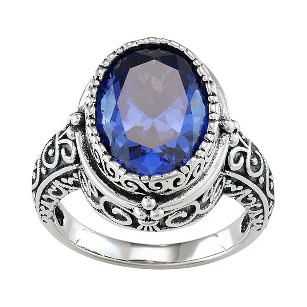 Designs by Gioelli Sterling Silver Simulated Sapphire Oval & Filigree Ring