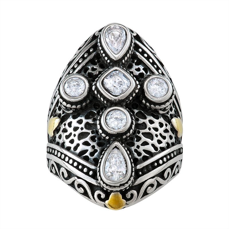 Two Tone Sterling Silver Faceted Stone & Filigree Cross Ring, Womens, Size