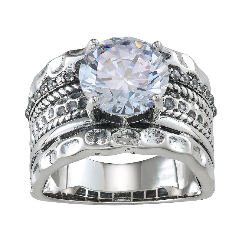 Sterling Silver Textured Band Cubic Zirconia Ring, Womens, Size: 5, White