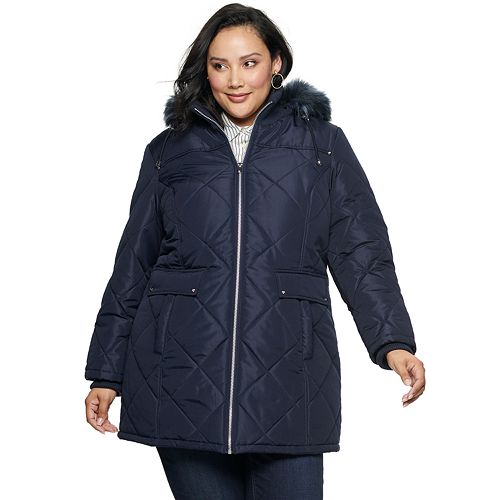Plus Size d.e.t.a.i.l.s Hooded Diamond-Quilted Faux-Fur Trimmed Puffer Coat