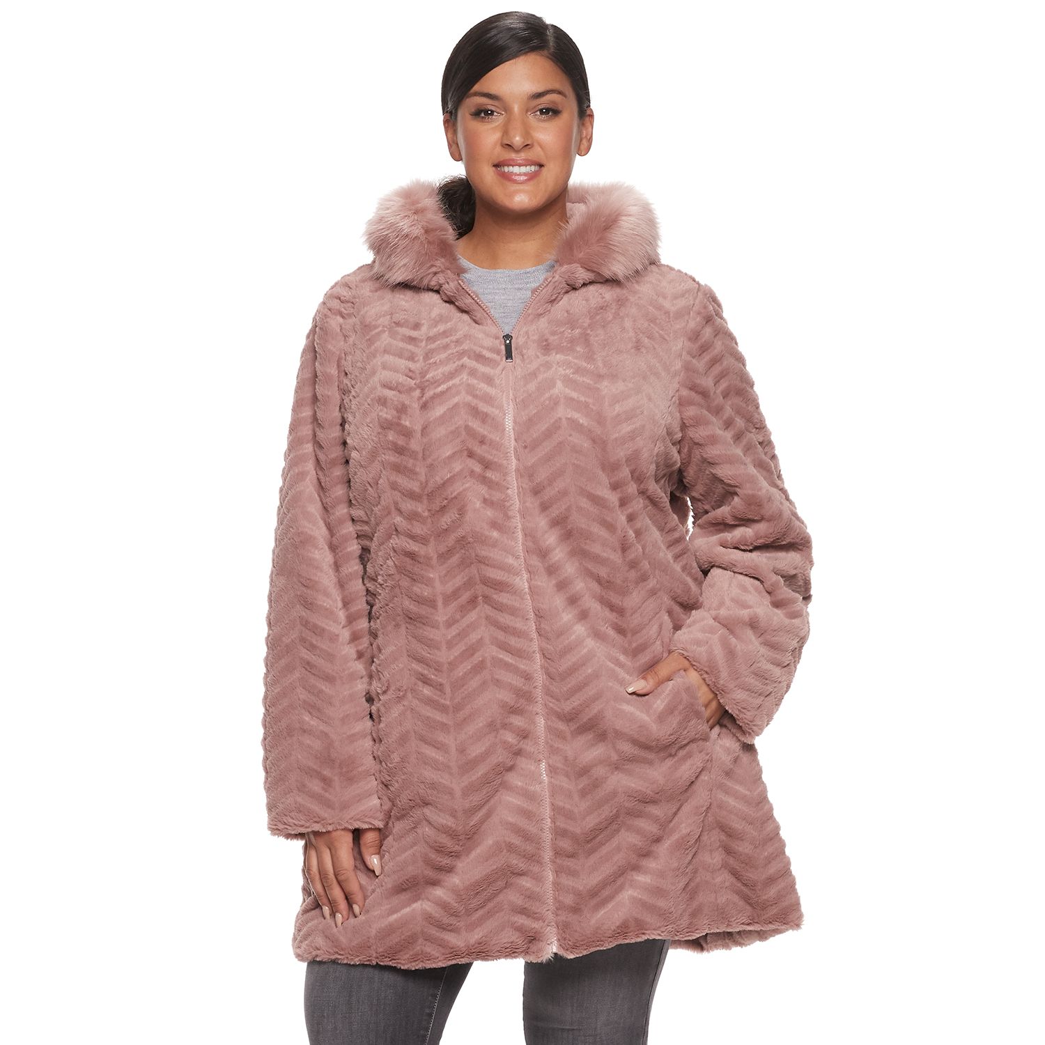 gallery hooded chevron faux fur coat