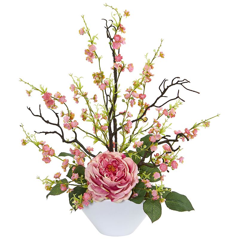 nearly natural Rose & Cherry Blossom Artificial Arrangement, Pink