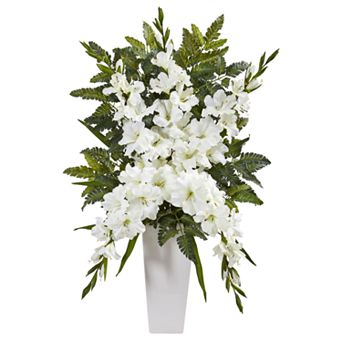 nearly natural Gladiolas & Fern Artificial Arrangement in White Vase