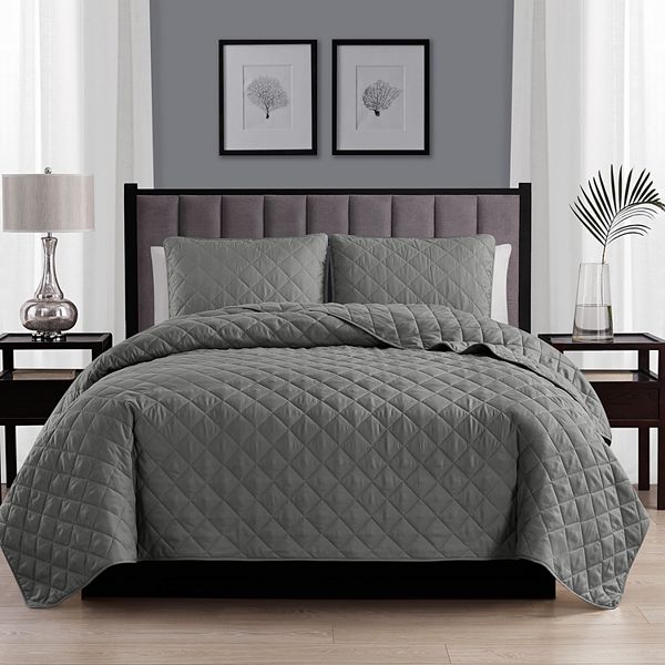 2PC Dark Gray Twin/Twin XL (68u0022 x 92u0022) Oversized Quilt Coverlet Bedspread with Shams Bedding Set Lightweight For Summer Or Winter Layering Reversible Diamond Stitch Pattern