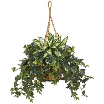nearly natural 30 in Silver Queen and Ivy Artificial Plant in Hanging Basket