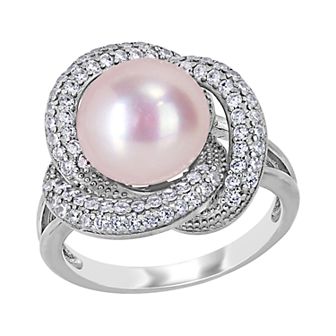Stella Grace Sterling Silver Cubic Zirconia & Dyed Pink Freshwater Cultured Pearl Knot Ring