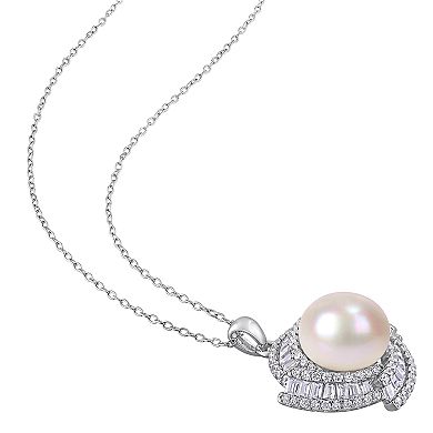 Stella Grace Sterling Silver Cubic Zirconia & Freshwater Cultured Pearl Pendant Necklace
