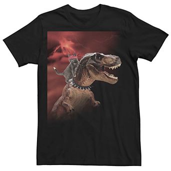 Men's Cat Riding T-Rex Volcano Graphic Tee