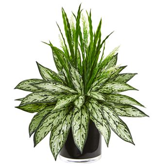 nearly natural Silver Queen and Grass Artificial Plant in Black Vase