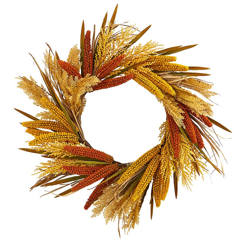 nearly natural 25 In. Sorghum Harvest Artificial Wreath, Yellow