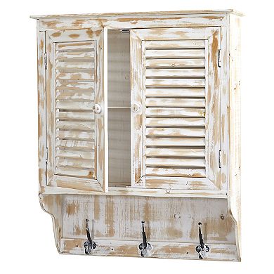 nearly natural 32 In. White Washed Wall Cabinet with Hooks
