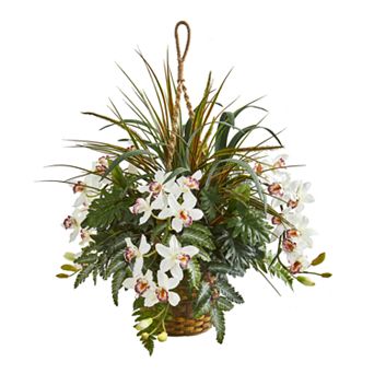 nearly natural Cymbidium Orchid and Mixed Greens Artificial Plant Hanging Basket