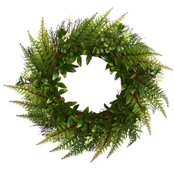 nearly natural 23 in Artificial Assorted Fern Wreath UV Resistant (Indoor/Outdoor)