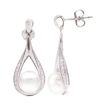 Womens PearLustre by Imperial Sterling Silver Freshwater Cultured Pearl and White Topaz Drop Earrings