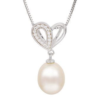 Womens PearLustre by Imperial Sterling Silver Freshwater Cultured Pearl and White Topaz Heart Pendant