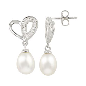 Womens PearLustre by Imperial Sterling Silver 7-8mm drop shape Freshwater Cultured Pearl and White Topaz Heart drop earrings