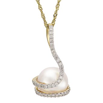 PearLustre by Imperial 14k Gold Cultured Pearl and 1/5 Carat T.W. Diamond Swirl Pendant