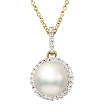 PearLustre by Imperial 14k Gold Cultured Pearl & 1/6 Carat T.W. Diamond Halo Pendant Necklace
