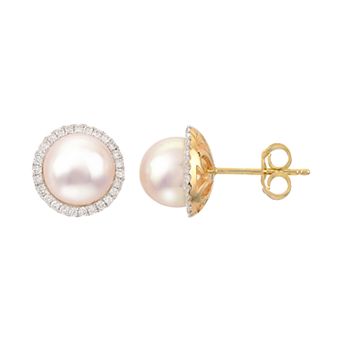 PearLustre by Imperial 14k Gold Akoya Cultured Pearl & 1/4 Carat T.W. Diamond Halo Stud Earrings