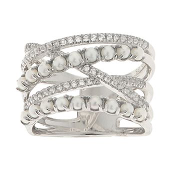 PearLustre by Imperial Sterling Silver Cultured Freshwater Pearl & White Topaz Crossover Ring