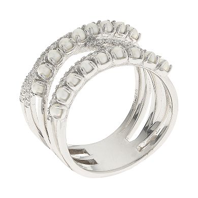 PearLustre by Imperial Sterling Silver Cultured Freshwater Pearl & White Topaz Crossover Ring