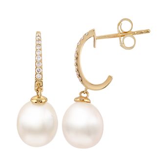 PearLustre by Imperial 14k Gold Cultured Pearl & 1/10 Carat T.W. Diamond C-Hoop Earrings