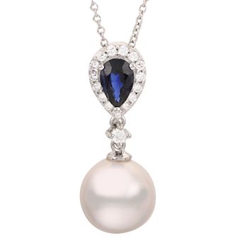 PearLustre by Imperial 14k White Gold Akoya Cultured Pearl Sapphire & 1/8 Carat T.W. Diamond Pendant