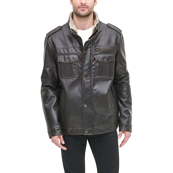 Men's Levi's® Faux Leather Stand Collar Military Jacket with Sherpa Lining
