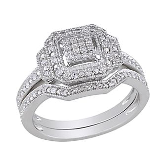 Stella Grace Sterling Silver 1/4 ct T.W. Diamond Halo Engagement Ring Set