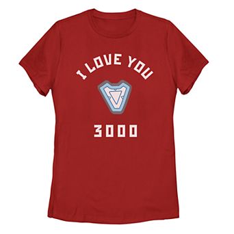Juniors' Marvel Avengers Endgame Iron Man I Love You 3000 Blue Arc Reactor Graphic Tee