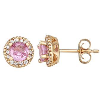 The Regal Collection 14k Gold Pink Sapphire & 1/8 Carat T.W. IGL Certified Diamond Tiered Halo Stud Earrings