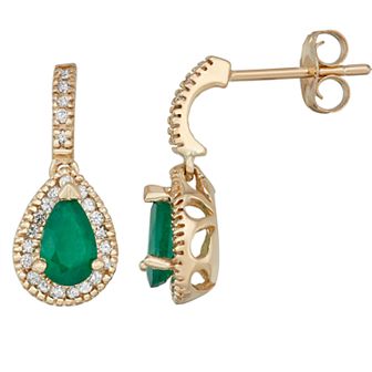 14k Gold Emerald & 1/5 Carat T.W. IGL Certified Diamond Teardrop Earrings