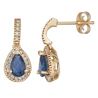 14k Gold Sapphire & 1/5 Carat T.W. IGL Certified Diamond Teardrop Earrings