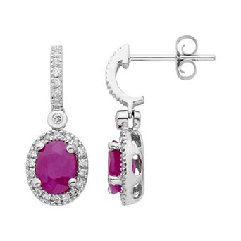 The Regal Collection 14k Gold 1/4 Carat T.W. Diamond & Ruby Oval Drop Earrings